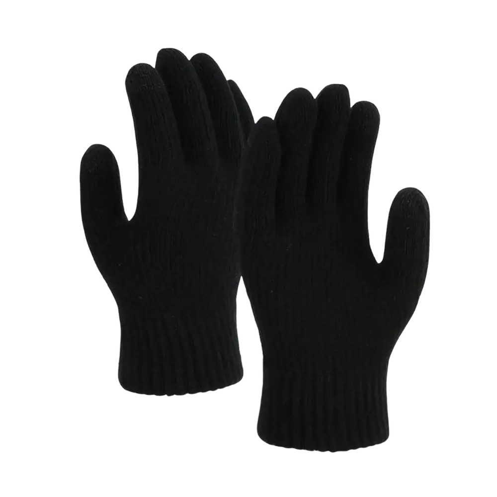 Black knitted unisex touchscreen winter thermal gloves with ribbed cuffs shown from the back side