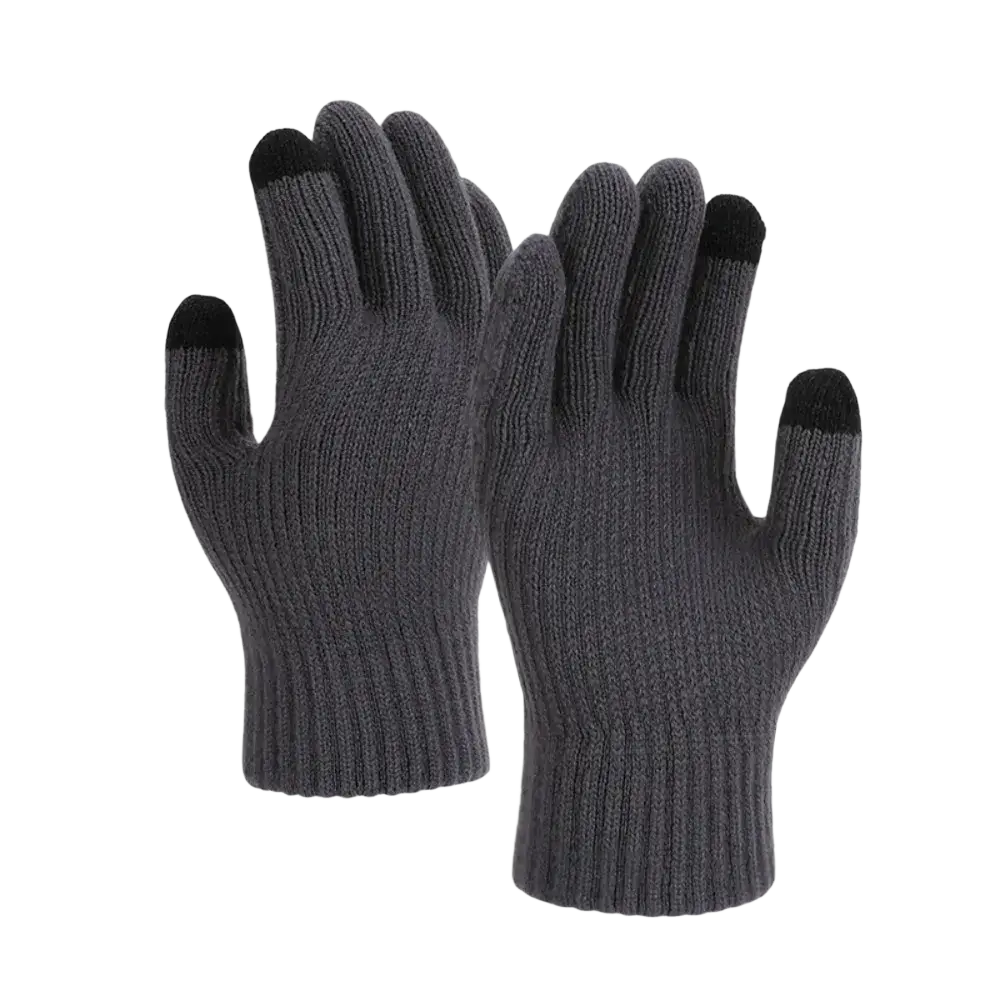 Dark gray knitted touchscreen gloves with black fingertips designed as unisex thermal winter knitwear