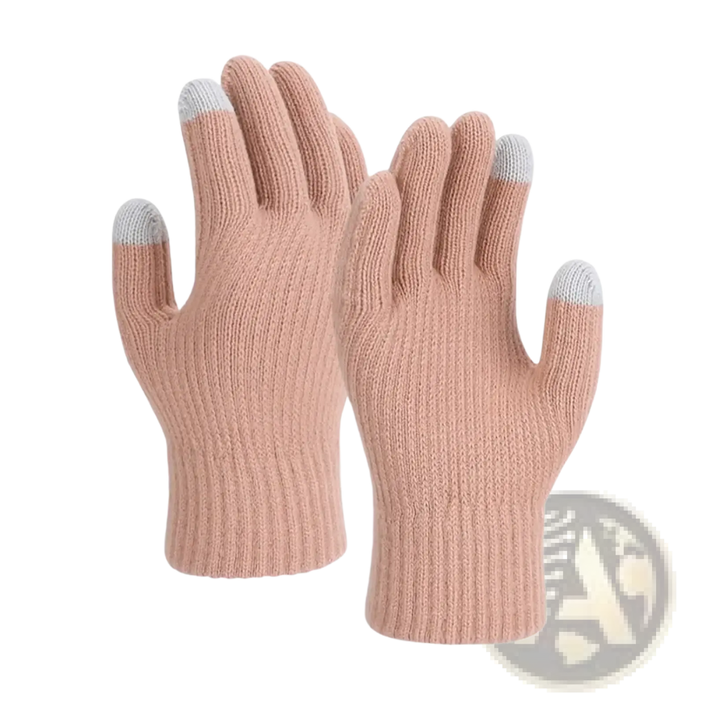 Beige knitted unisex touchscreen winter thermal gloves with light gray fingertips for cold weather use