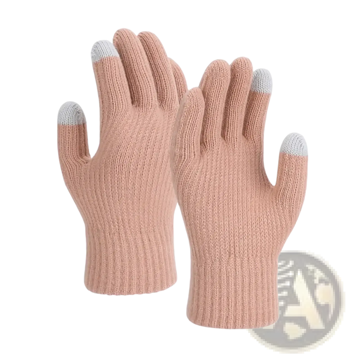 Beige knitted unisex touchscreen winter thermal gloves with light gray fingertips for cold weather use