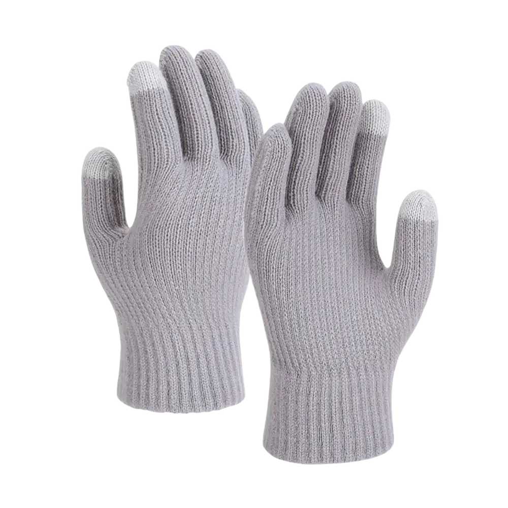 Gray knit touchscreen winter thermal gloves with white fingertips designed for unisex use