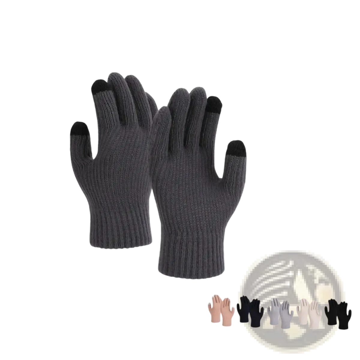 Gray knitted unisex touchscreen winter thermal gloves with black fingertips and fleece-lined interior for cold weather use