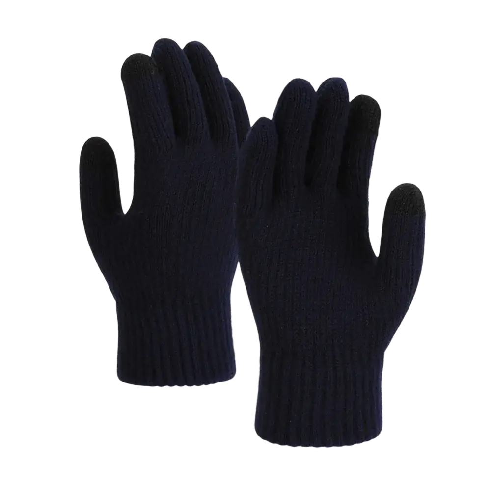 A pair of black knit touchscreen winter thermal gloves with ribbed cuffs for unisex use showing the back side