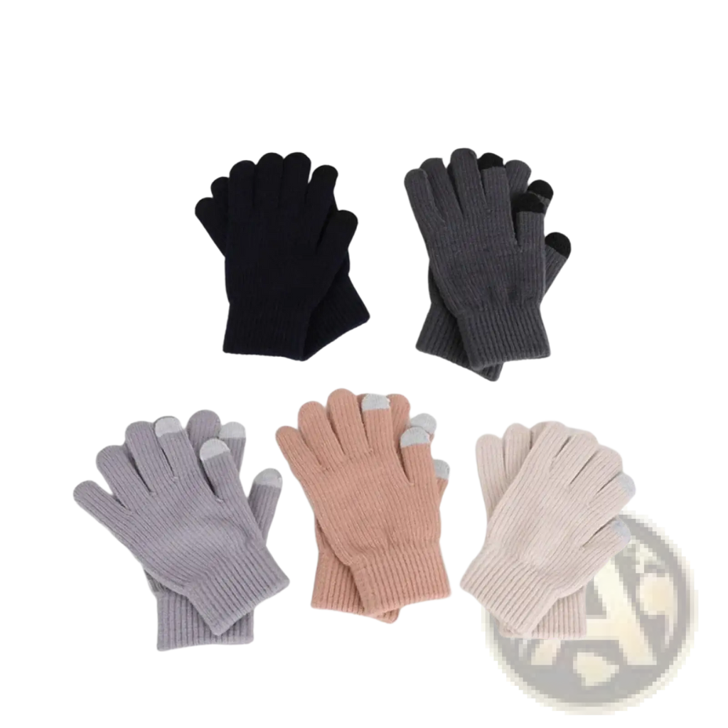 Set of five unisex knit touchscreen winter thermal gloves in black gray lavender peach and beige with silver tips
