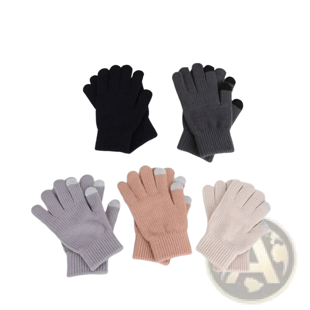 Set of five unisex knit touchscreen winter thermal gloves in black gray lavender peach and beige with silver tips