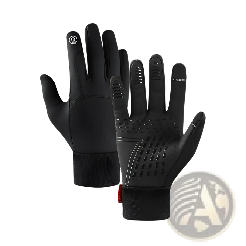Black touchscreen cycling gloves with windproof fabric, textured fingertips, perforated palm, and snug wrist cuff, back side shown
