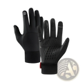 Black touchscreen cycling gloves with windproof fabric, textured fingertips, perforated palm, and snug wrist cuff, back side shown
