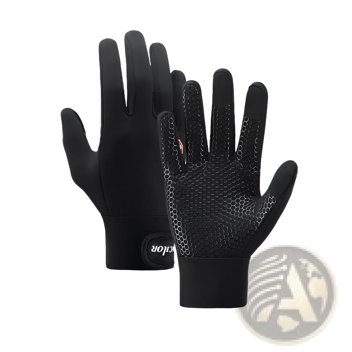 Black touchscreen cycling gloves with honeycomb textured palm and adjustable wrist strap for windproof sports use