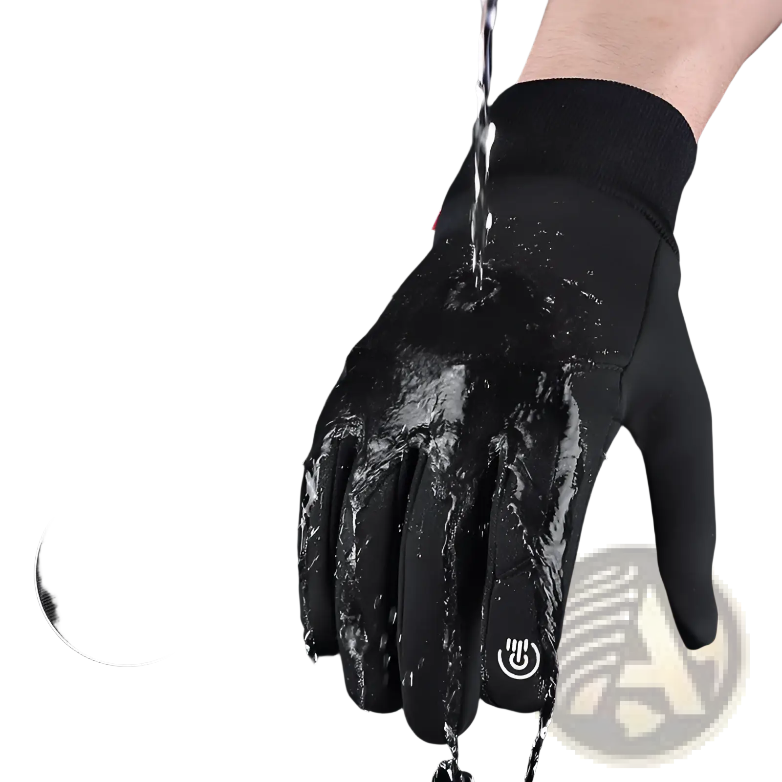 Black waterproof touchscreen cycling glove with snug fit, reinforced palm, and subtle white logo on back side
