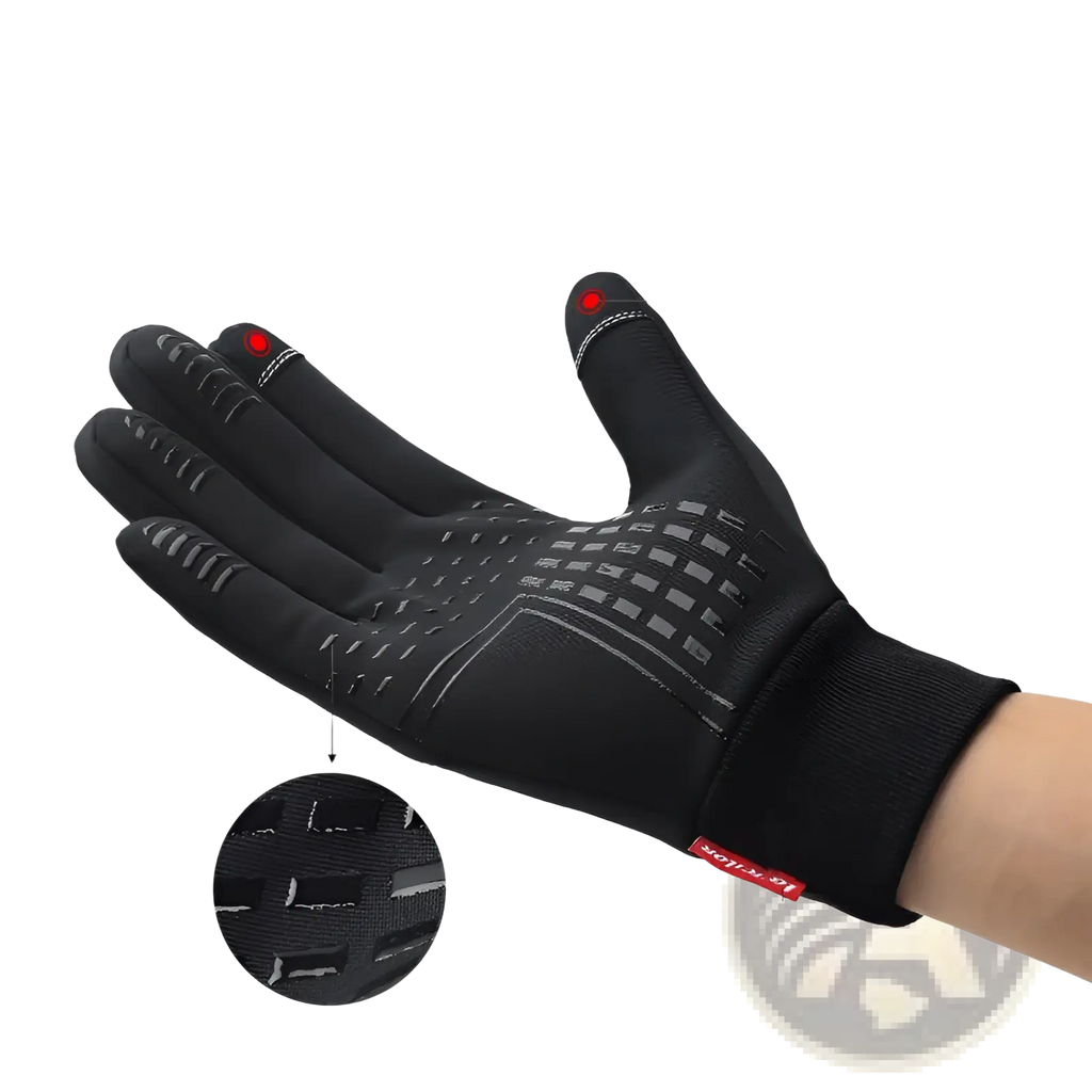 Black touchscreen cycling glove with textured grip panels and red-tipped fingers shown from the back side