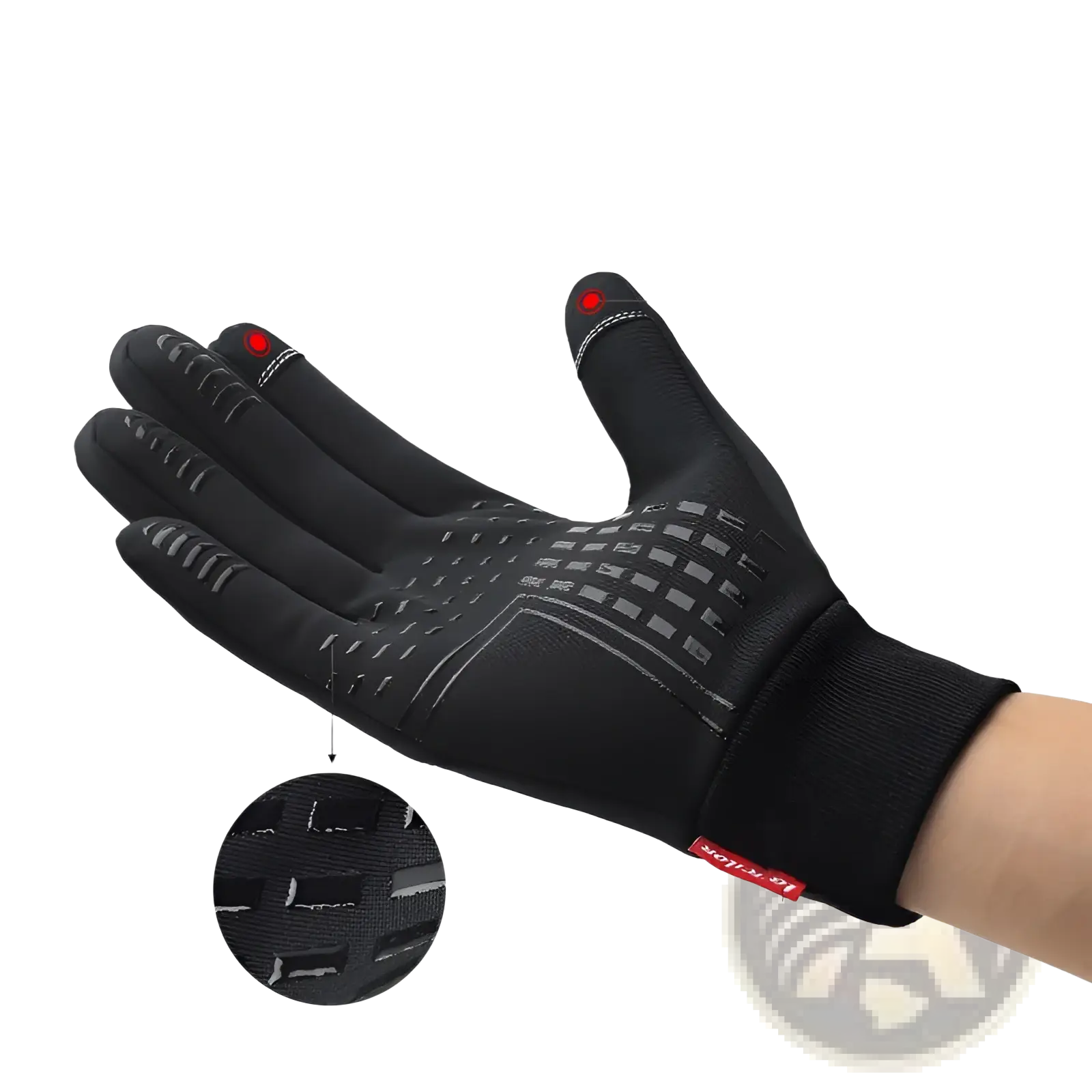 Black touchscreen cycling glove with textured grip panels and red-tipped fingers shown from the back side