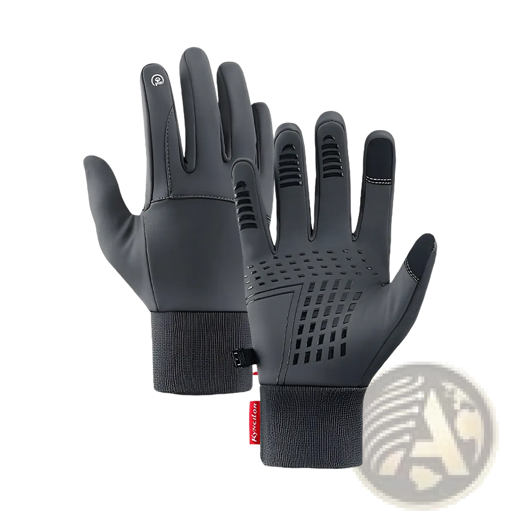 Black touchscreen cycling gloves with textured grip patterns and snug ribbed wrist cuff for windproof sports use back side shown