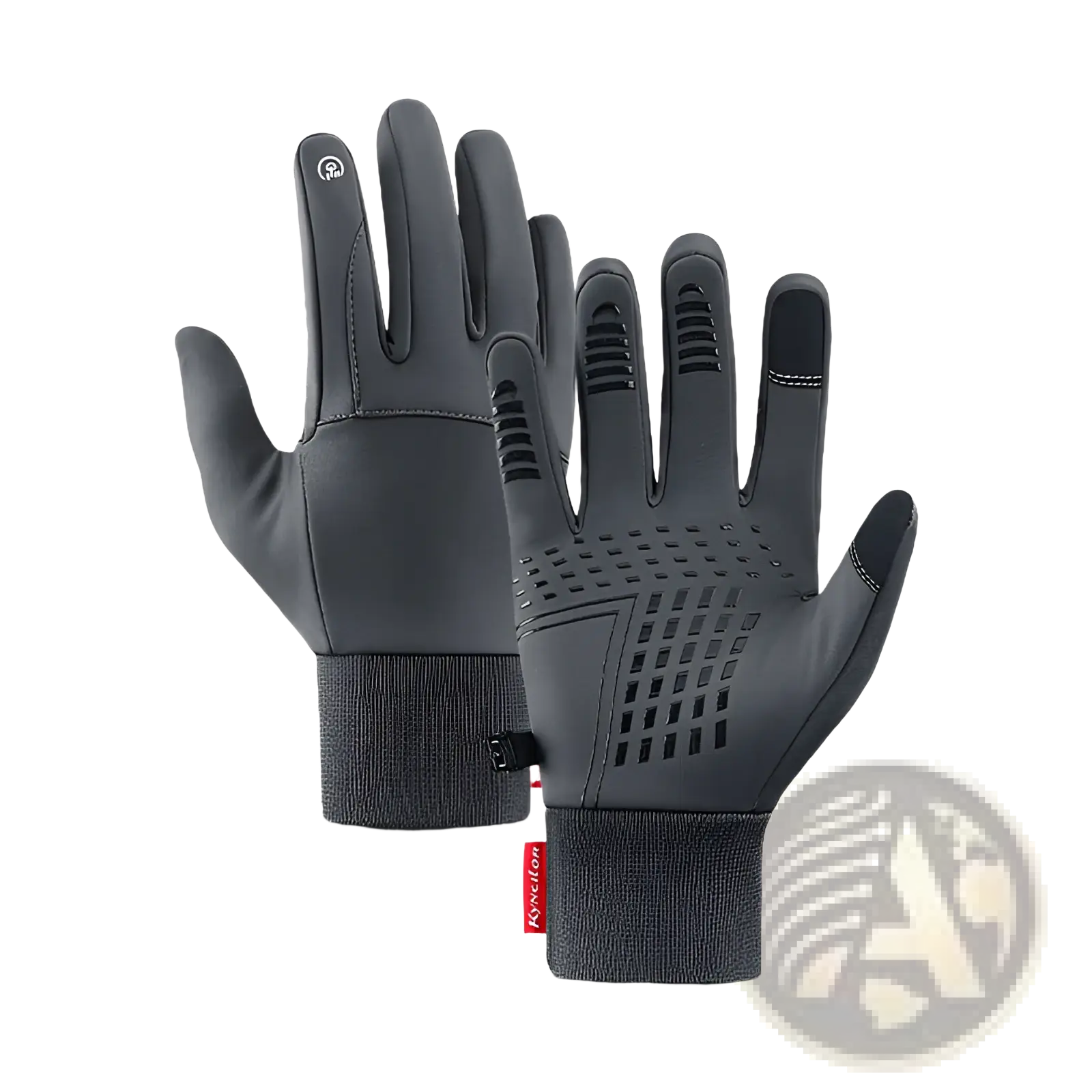 Black touchscreen cycling gloves with textured grip patterns and snug ribbed wrist cuff for windproof sports use back side shown