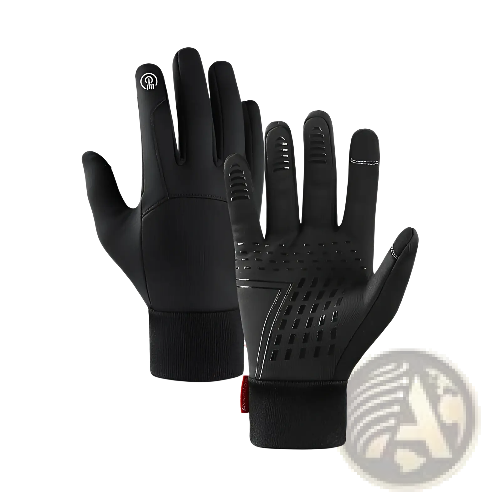 Black touchscreen cycling gloves with textured fingertips perforated palm and snug wrist cuff for windproof sports use