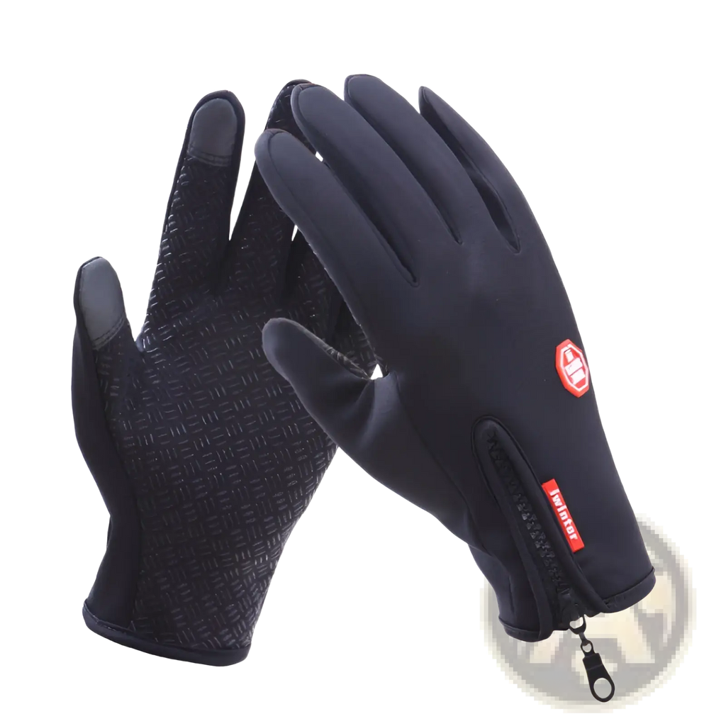 Black touchscreen cycling gloves with textured grip and red branding details shown from the back side