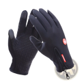 Black touchscreen cycling gloves with textured grip and red branding details shown from the back side
