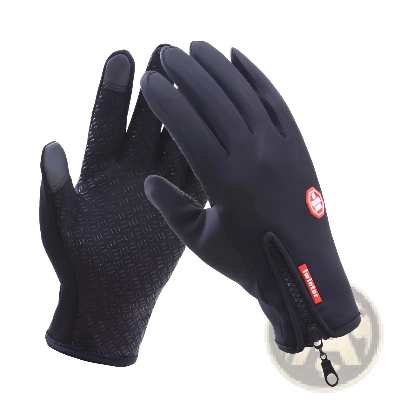Black touchscreen cycling gloves with textured grip and red branding details shown from the back side