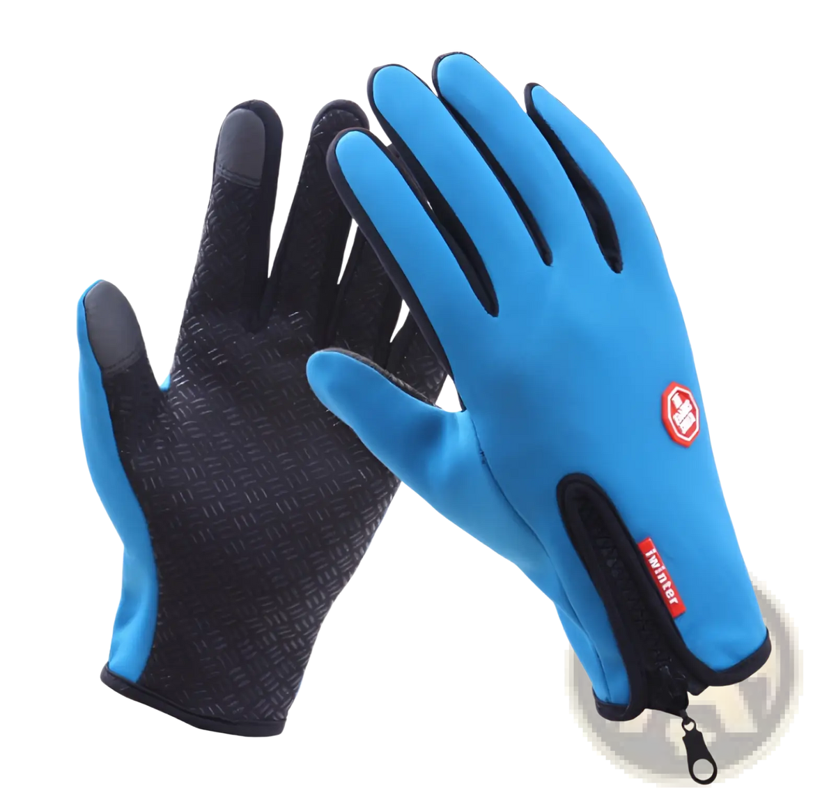 Blue and black touchscreen cycling gloves with textured grip palm red logo patch and zippered closure shown from back side
