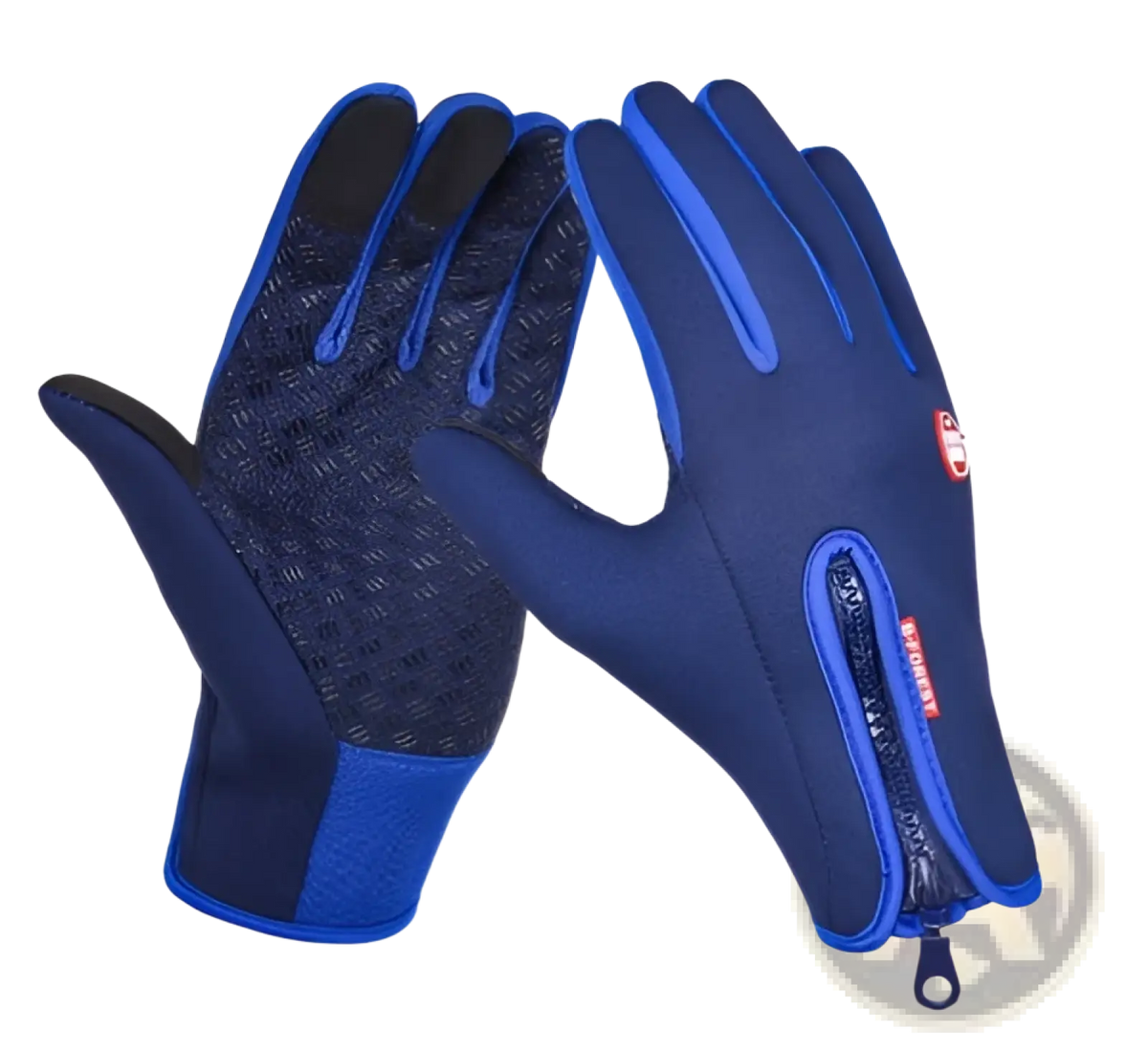 Blue touchscreen cycling gloves with waterproof fabric, black textured palms, and blue zippered pockets shown from the back side