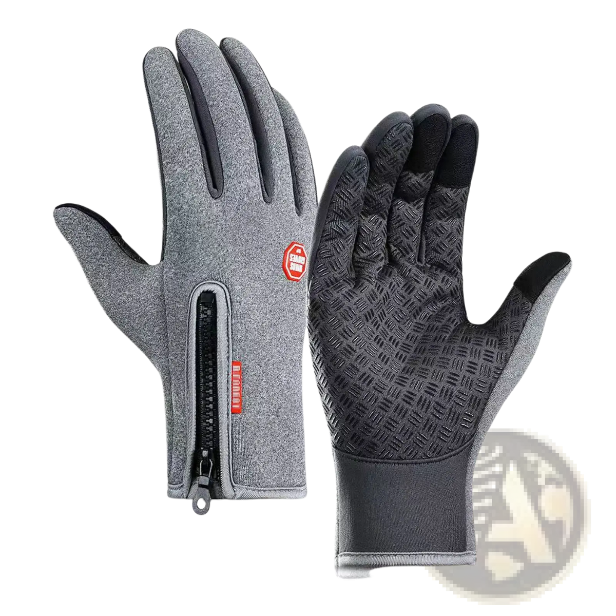 Gray touchscreen cycling gloves with black textured fingertips and a zippered wrist pocket for winter warmth back view