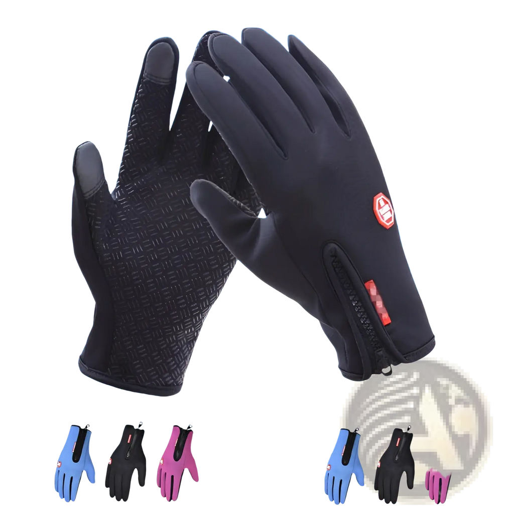 Black touchscreen cycling gloves with textured palm and winter warm zipper closure for cold weather use