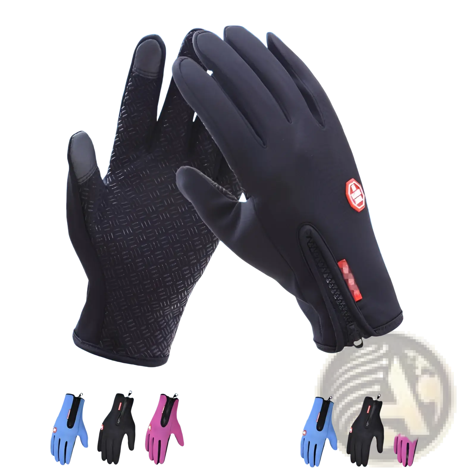 Black touchscreen cycling gloves with textured palm and winter warm zipper closure for cold weather use