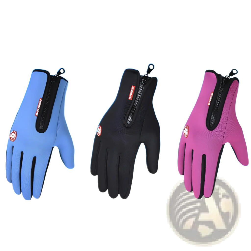 Three pairs of touchscreen cycling gloves winter warm zippered in light blue black and pink soft synthetic material