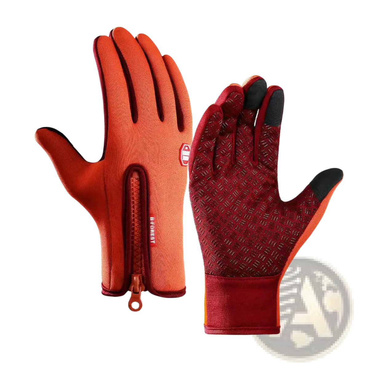 Backside of orange and red winter warm touchscreen cycling gloves with black fingertips and a zippered closure