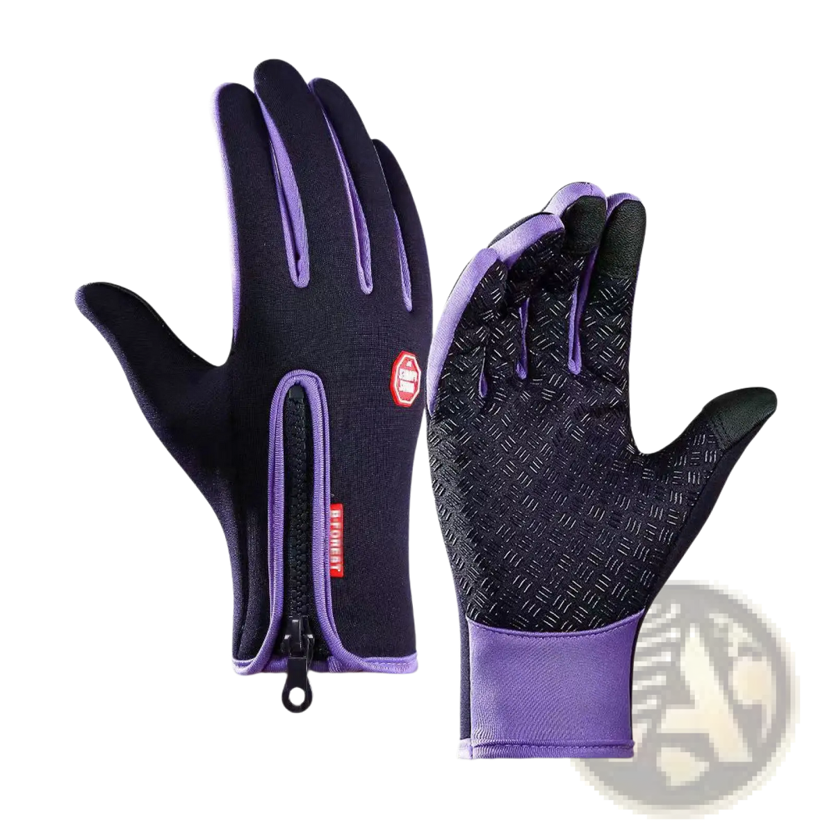 Black and purple touchscreen cycling gloves with textured palm grip and zipper for winter warmth