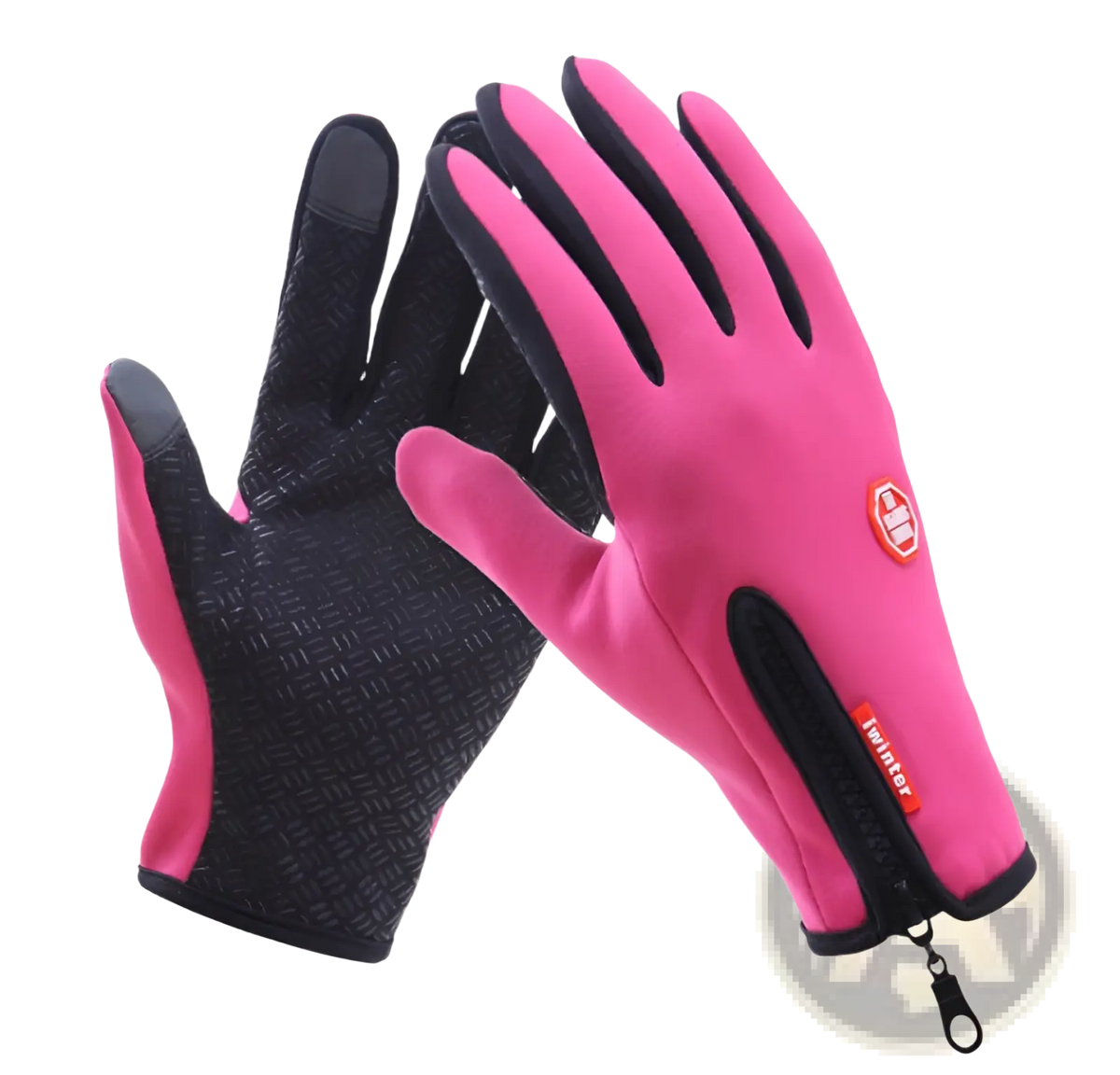 Back side of pink and black touchscreen cycling gloves with textured grip and orange logo patch near wrist for winter use