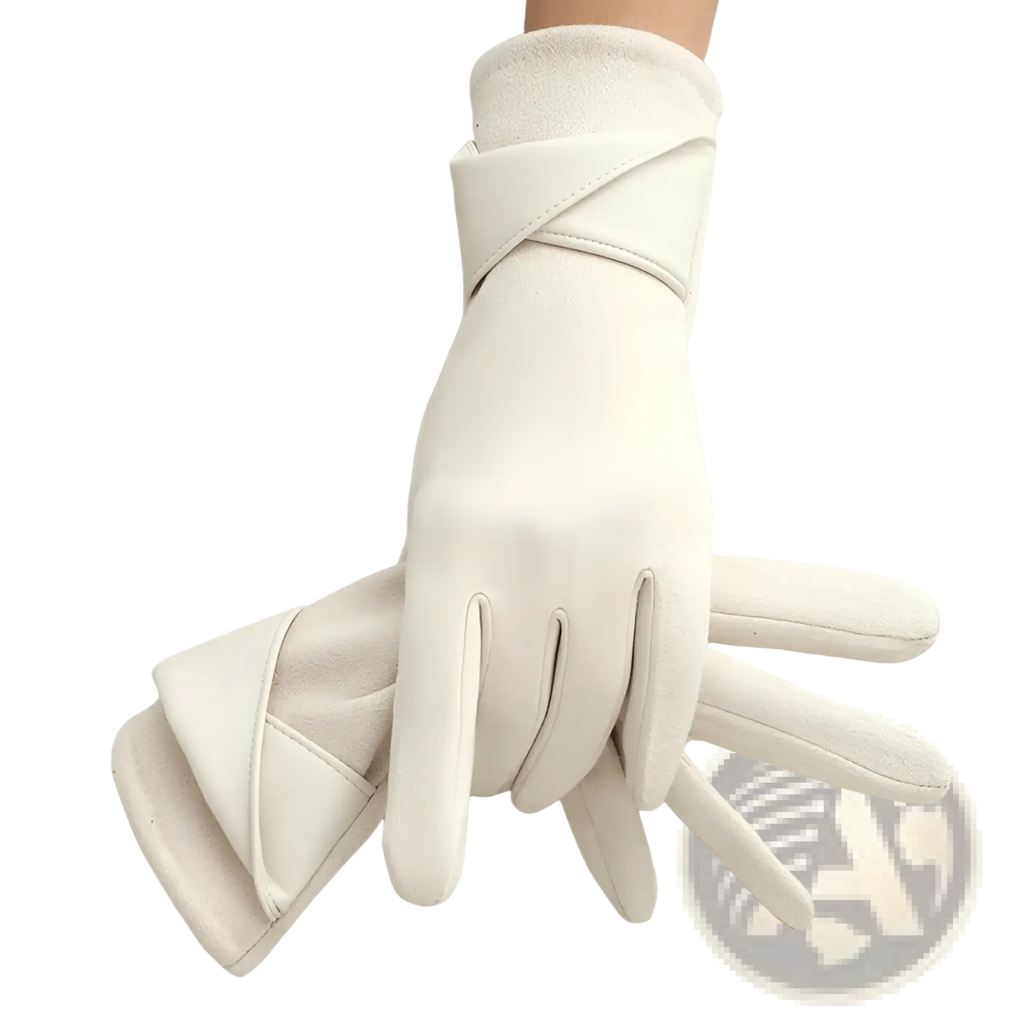 Back view of white leather touchscreen fleece lined bow gloves with minimalist design and crossed wrist straps