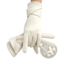 Back view of white leather touchscreen fleece lined bow gloves with minimalist design and crossed wrist straps