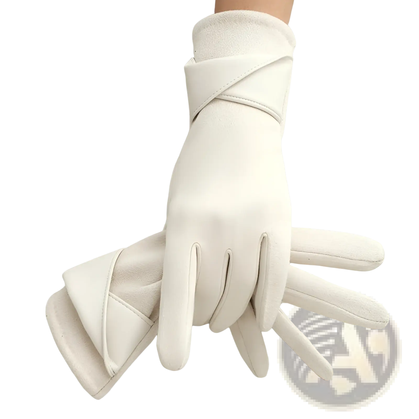 Back view of white leather touchscreen fleece lined bow gloves with minimalist design and crossed wrist straps