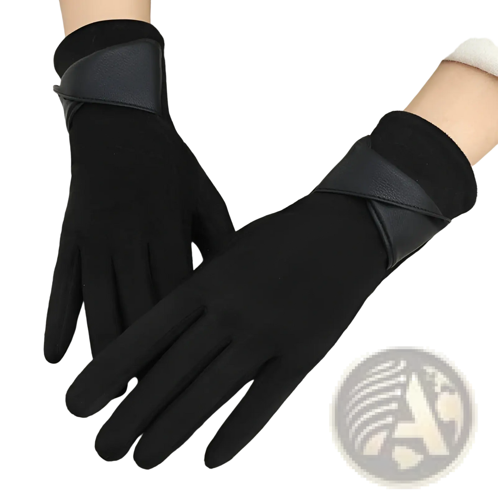 Black touchscreen fleece lined bow gloves with soft stretchy fabric and contrasting leather-like wrist straps shown from the back side