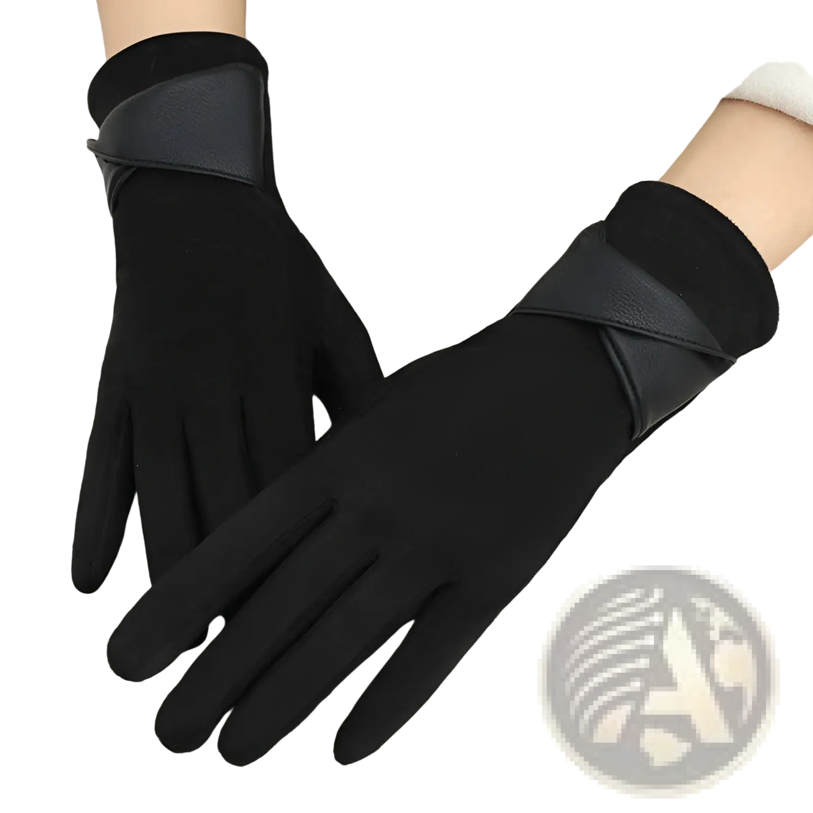 Black touchscreen fleece lined bow gloves with soft stretchy fabric and contrasting leather-like wrist straps shown from the back side