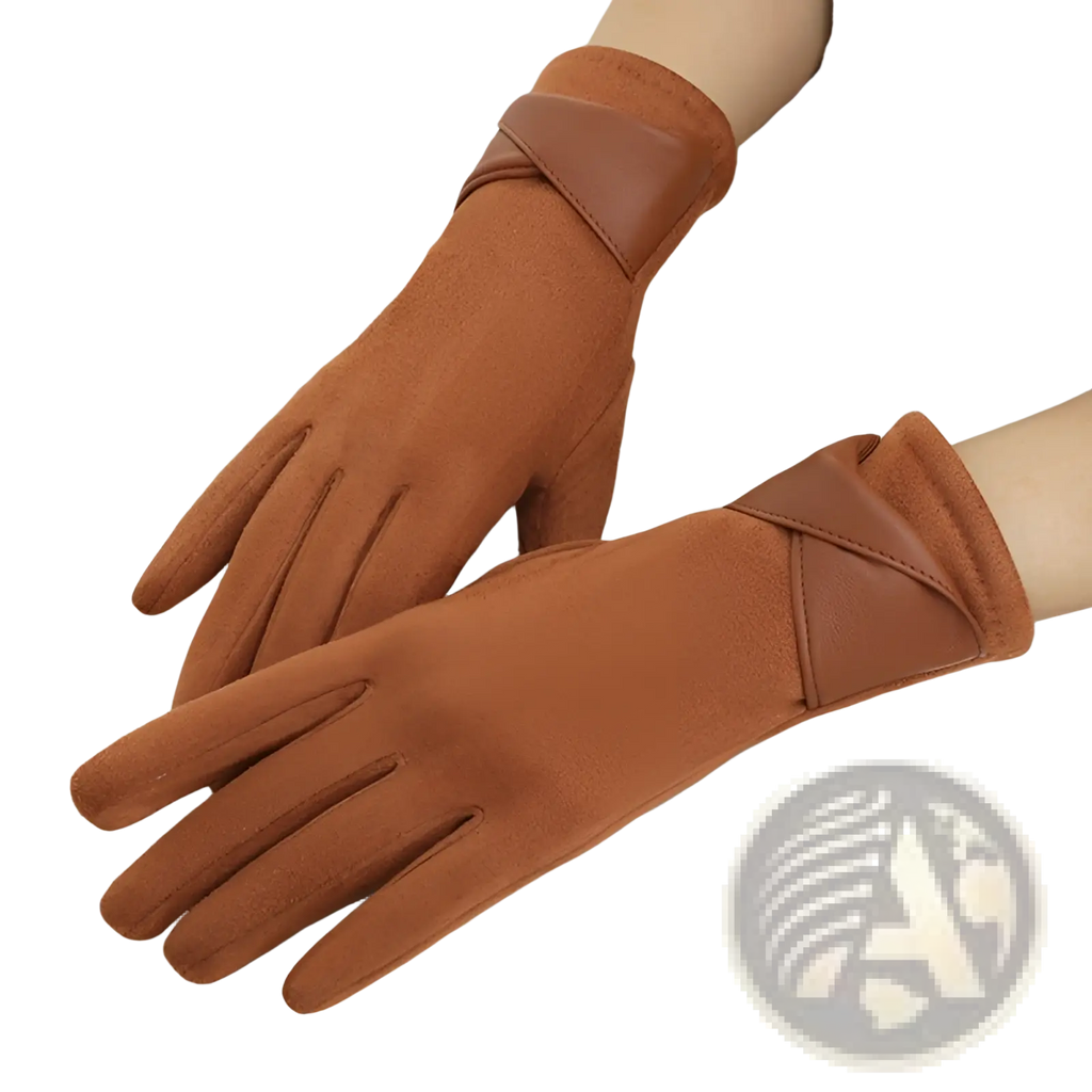 Brown suede and leather touchscreen fleece lined bow gloves with a sleek elegant design shown from the back side