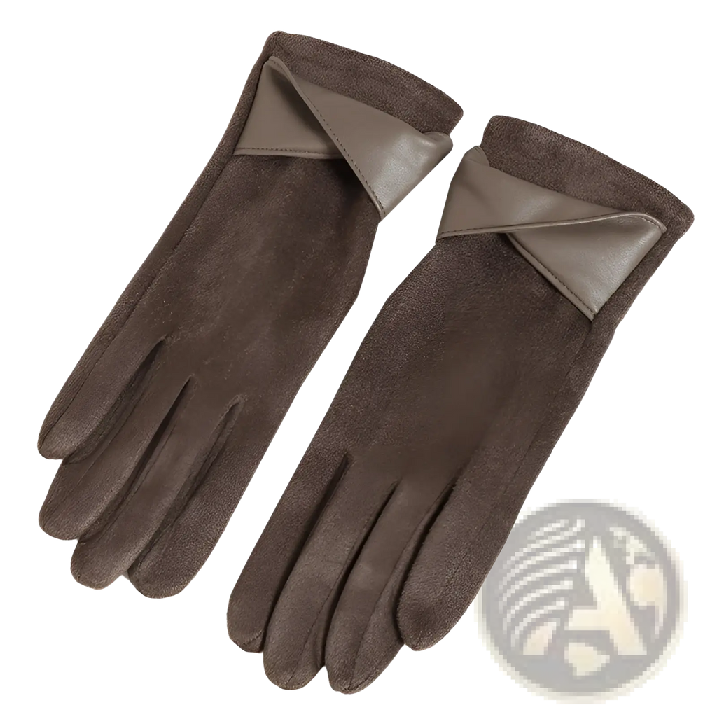 Brown suede touchscreen fleece lined bow gloves with contrasting taupe leather accent at the wrist, back side view