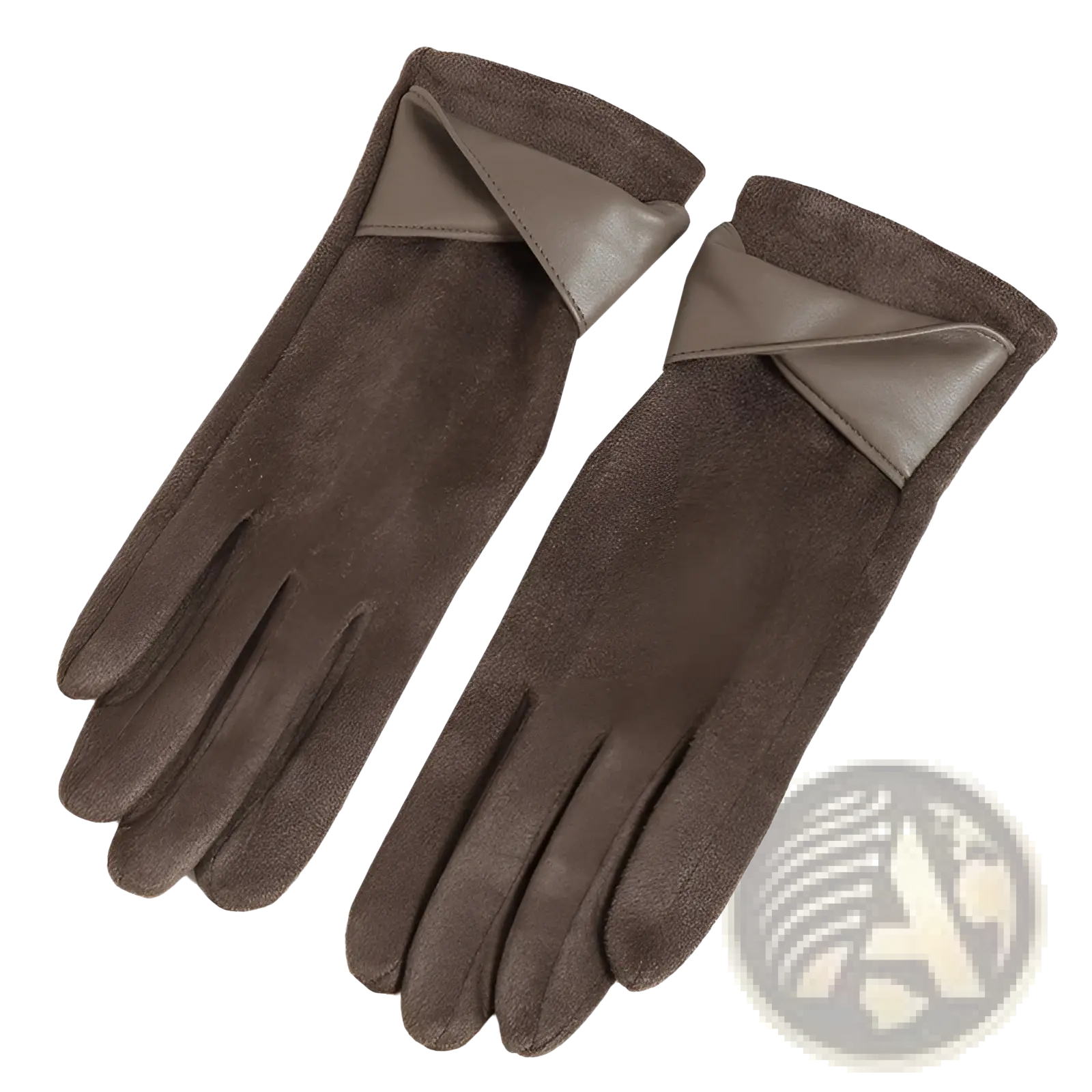 Brown suede touchscreen fleece lined bow gloves with contrasting taupe leather accent at the wrist, back side view