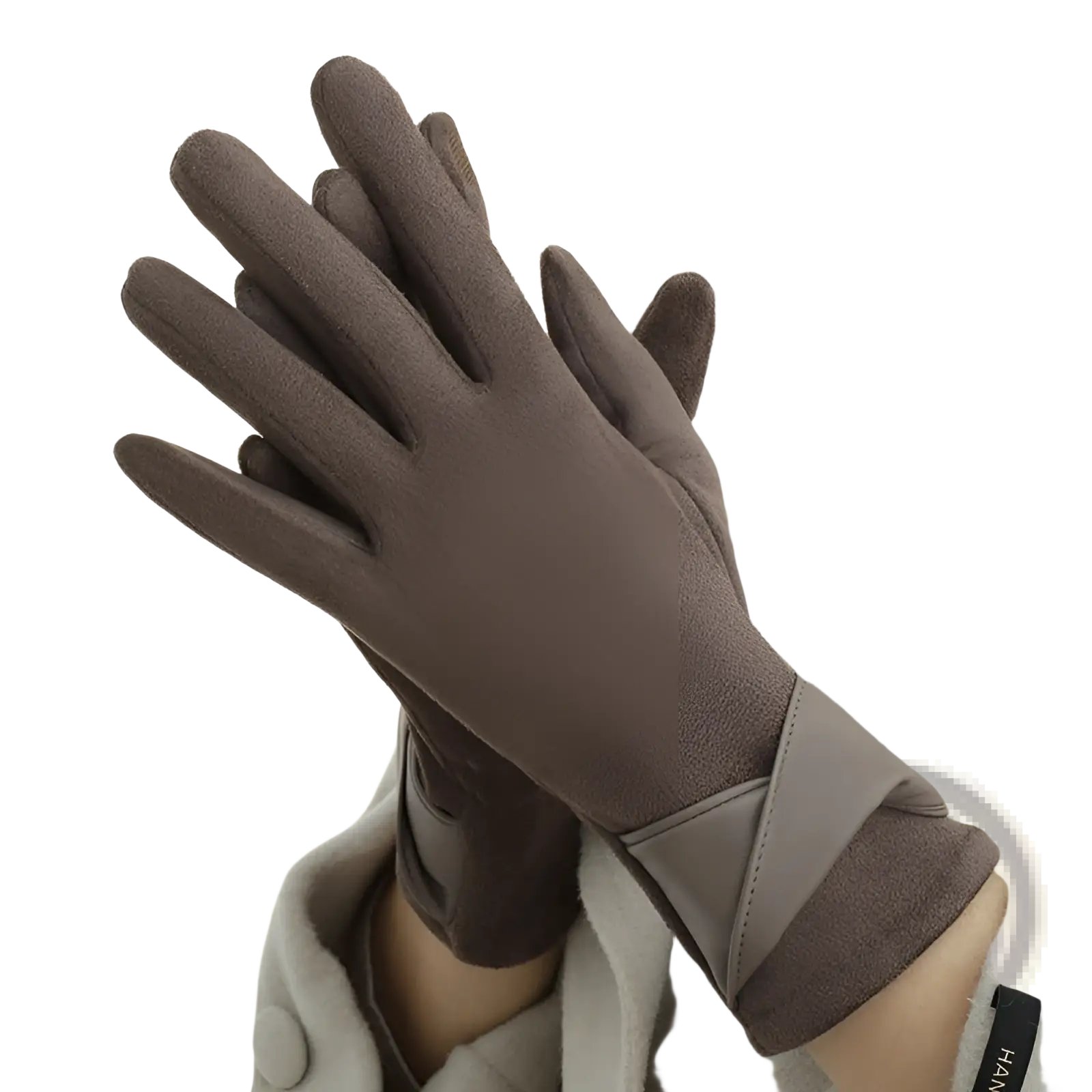 A pair of brown suede touchscreen fleece lined bow gloves with a sleek minimalist design and wrist contrast panel