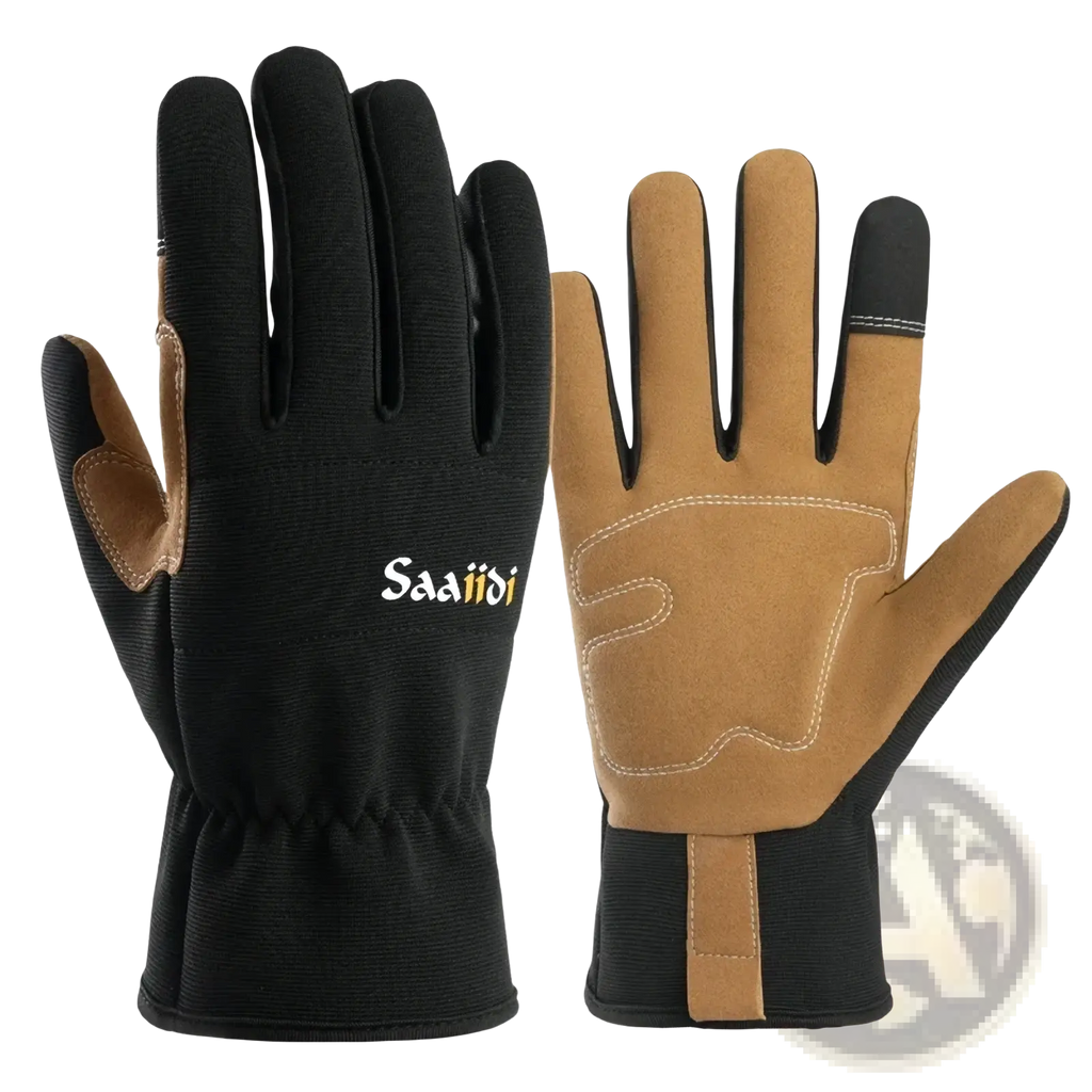 Black and tan saaiddi touchscreen gardening work gloves with reinforced palms and anti slip features shown from the back side