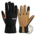 Black and tan saaiddi touchscreen gardening work gloves with reinforced palms and anti slip features shown from the back side
