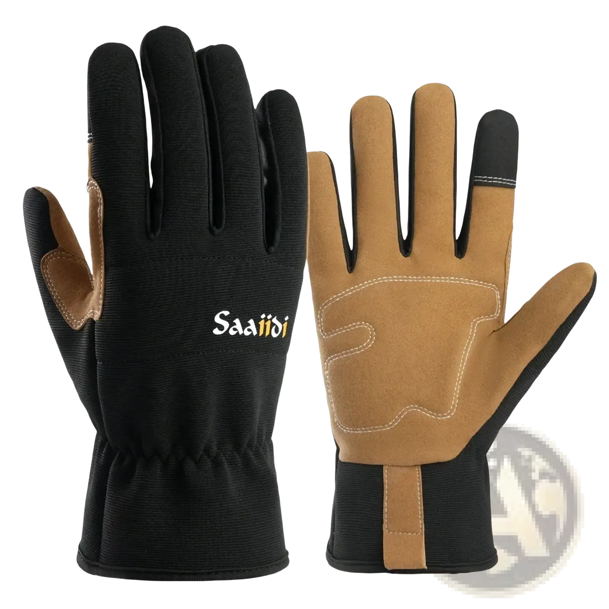 Black and tan saaiddi touchscreen gardening work gloves with reinforced palms and anti slip features shown from the back side