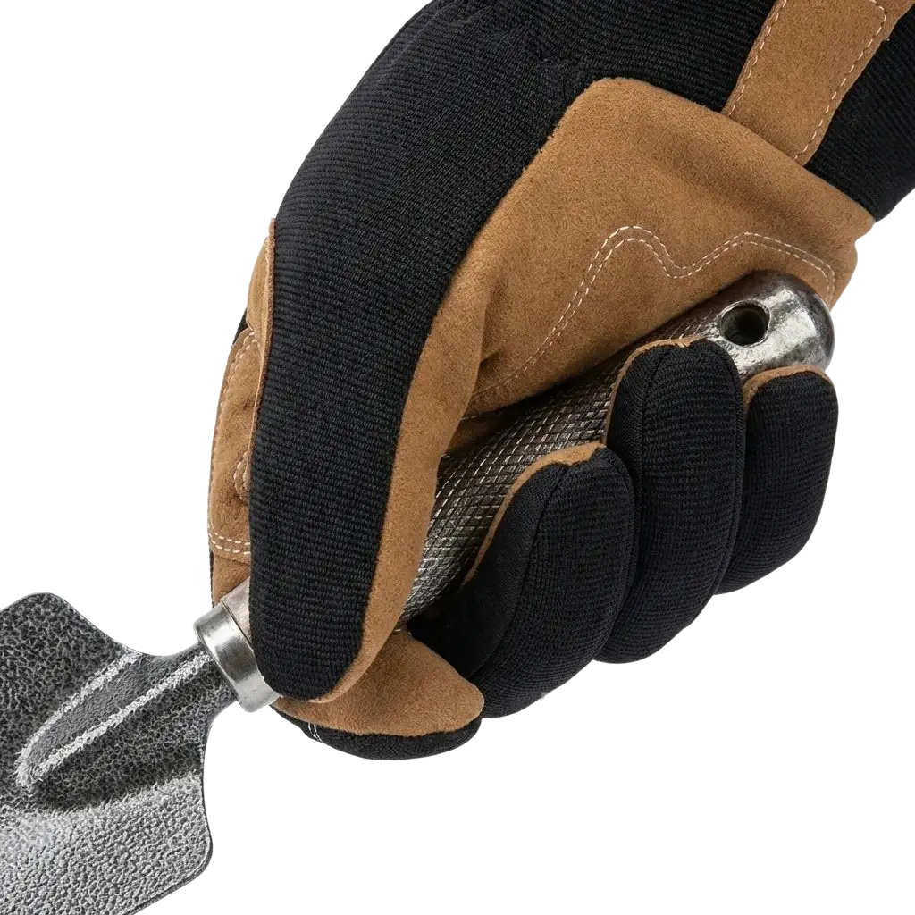Black and tan touchscreen gardening work glove with anti slip grip holding a metal trowel handle
