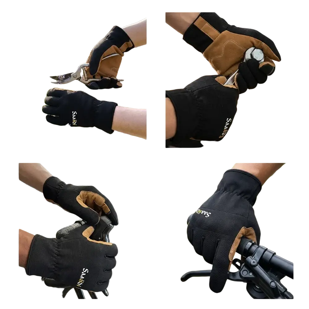Black and tan safar touchscreen gardening work gloves with reinforced palms and anti slip grip shown from back side