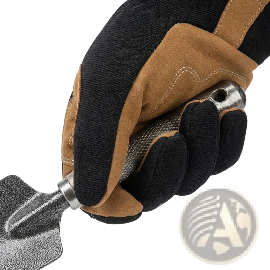 Black and tan touchscreen gardening work glove with anti slip grip holding a metal trowel handle