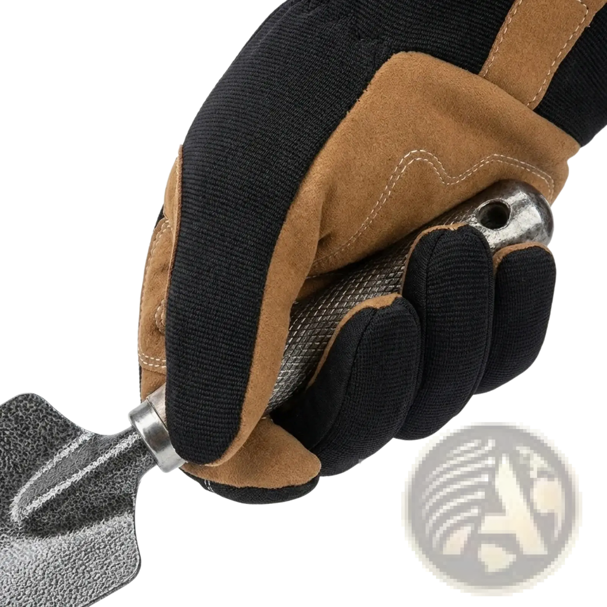 Black and tan touchscreen gardening work glove with anti slip grip holding a metal trowel handle