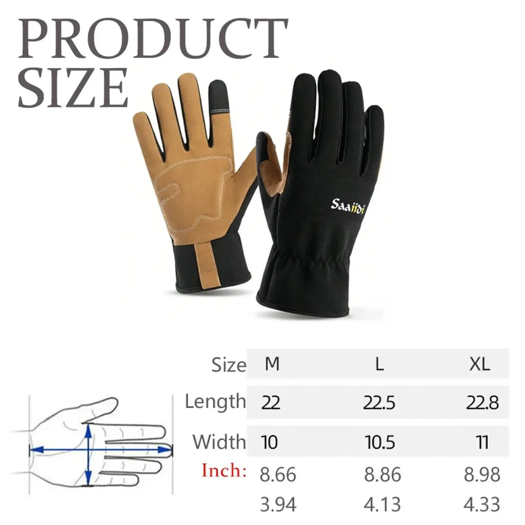 Black and tan touchscreen gardening work gloves with reinforced fingertips and branded logo on the back of the hand