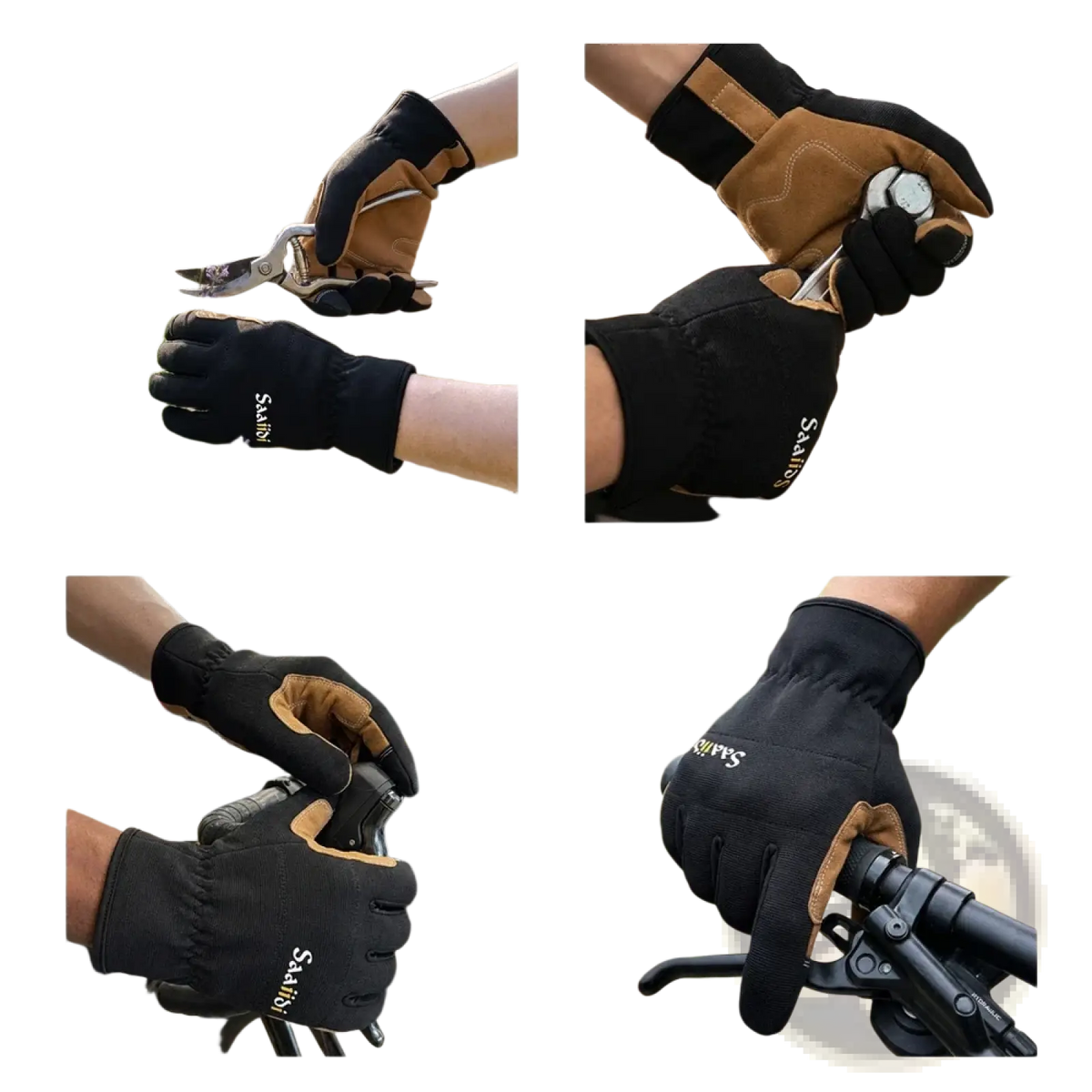 Black and tan safar touchscreen gardening work gloves with reinforced palms and anti slip grip shown from back side