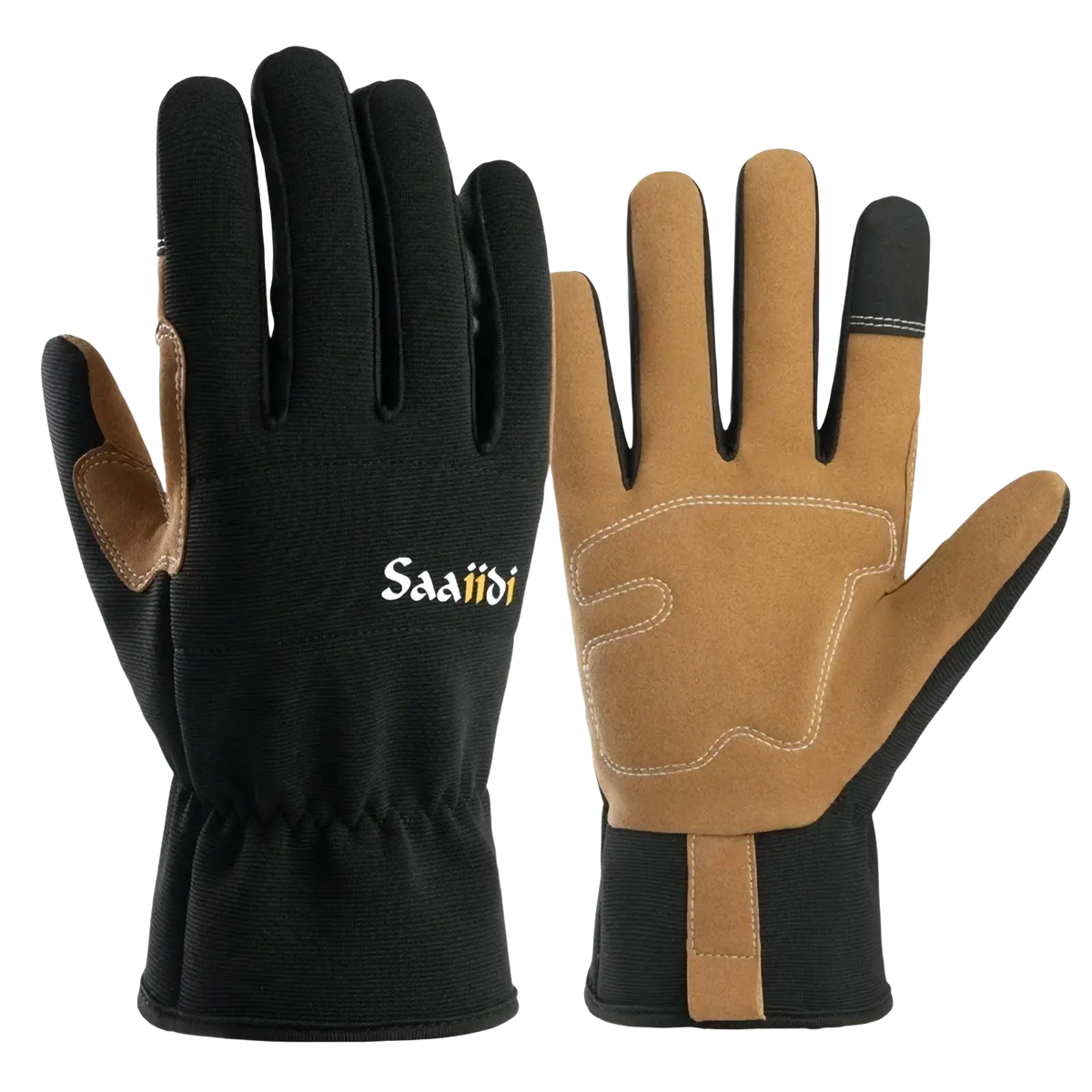 Black and tan saaiddi touchscreen gardening work gloves with reinforced palms and anti slip features shown from the back side