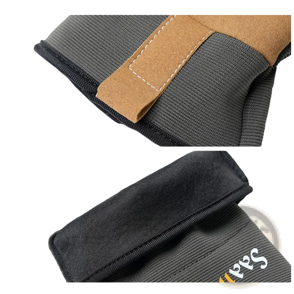 Dark gray touchscreen gardening work gloves with thickened anti-fabric knee pad tan leather patch and white stitching